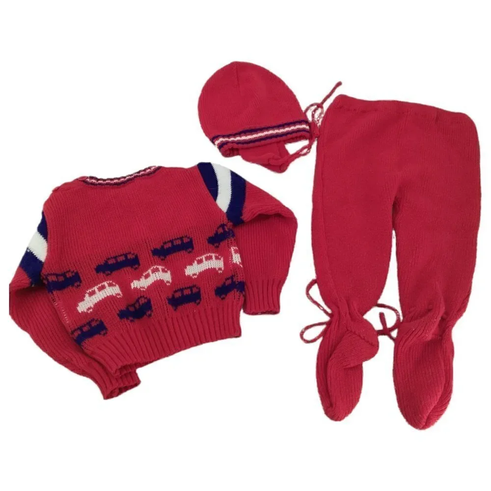 Vintage Knit Baby Outfit Size 6-12 Footie Pants Sweater Pompom Earflap Hat Cars